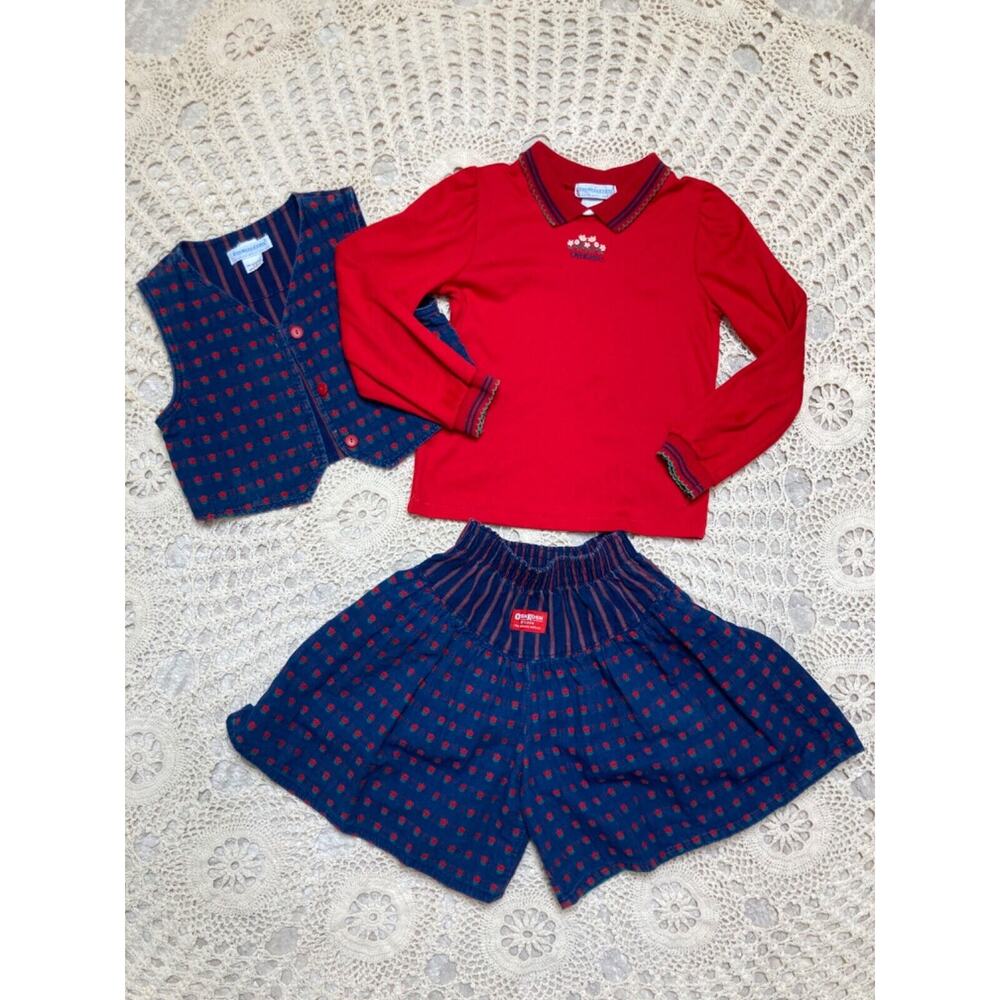 vintage oshkosh b gosh 3 pc set girls 6y shorts vest long sleeve polo red blue